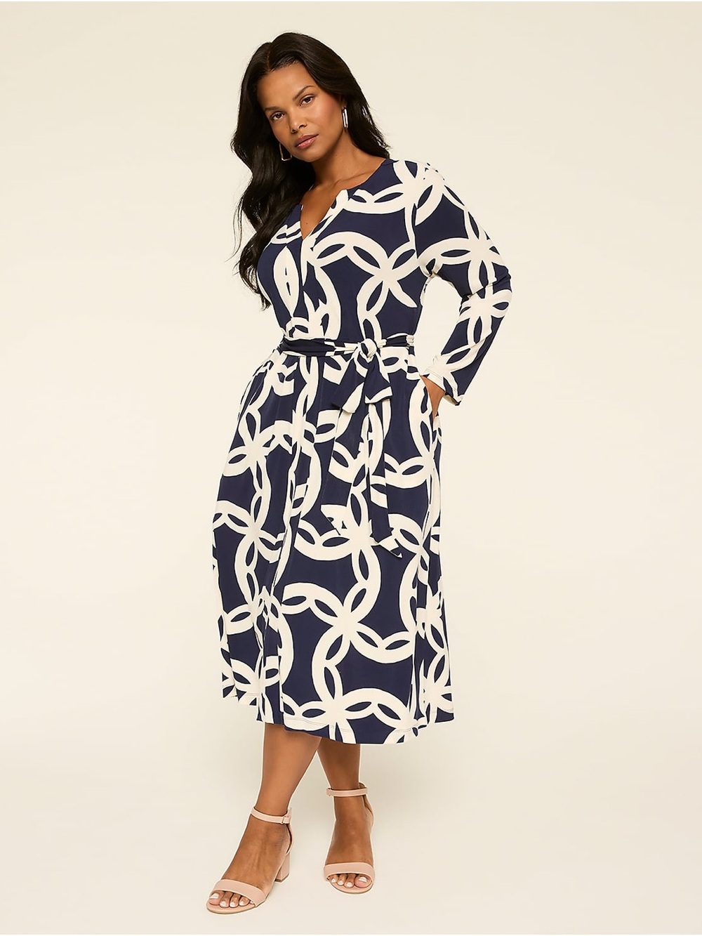 Lane Bryant Navy and White Chain-Print Wrap Midi Dress